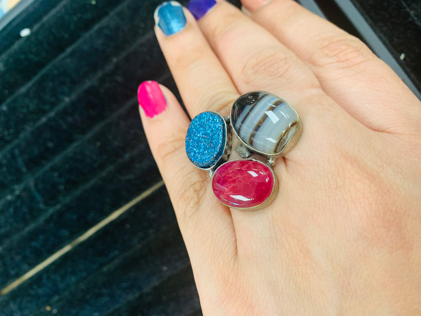 Bohemian style handcrafted gypsy 3 Stones ring #1911