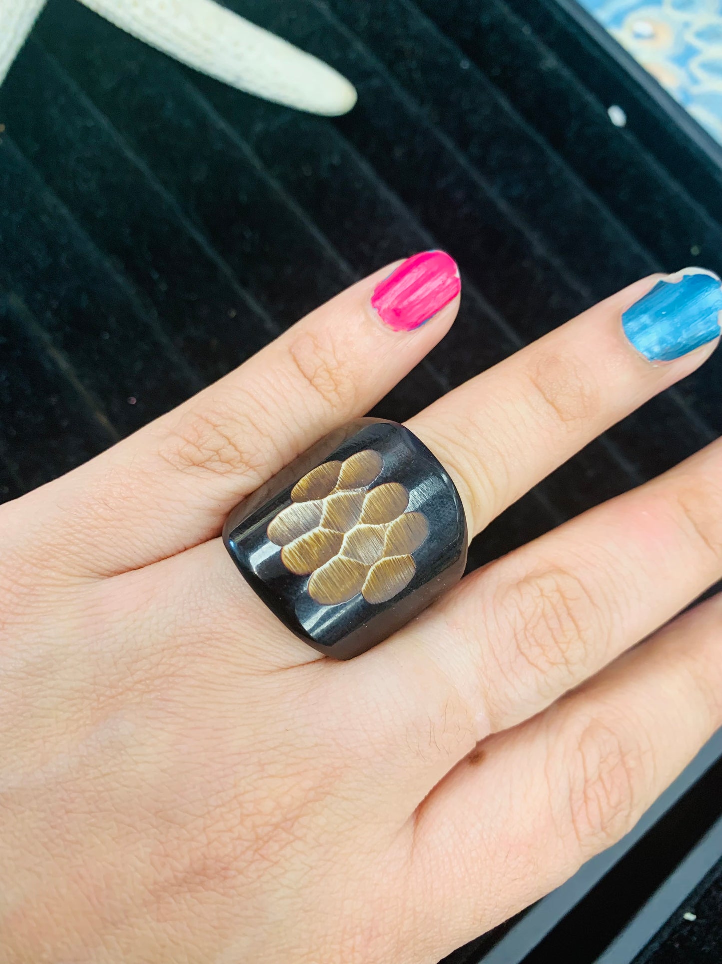 Bohemian style handcrafted wood Ring # 895