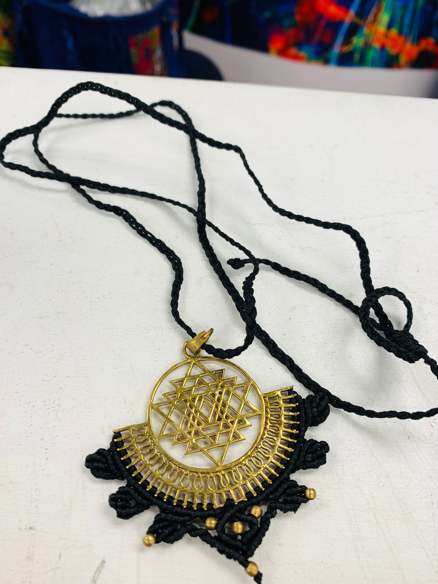 Bohemian style handcrafted Macrame with brass necklace # 1401