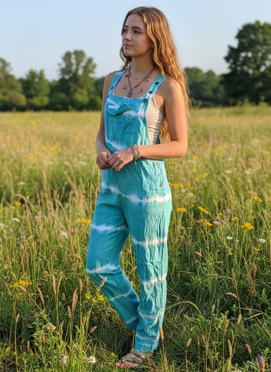 Bohemian Handcrafted Tie Dye Straight Overalls/ Dungaree # JUM031