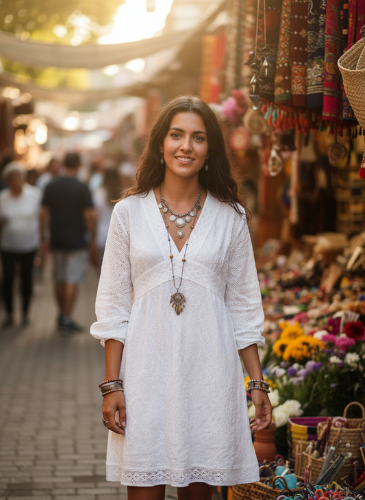 Bohemian style handcrafted cotton white dress #4000