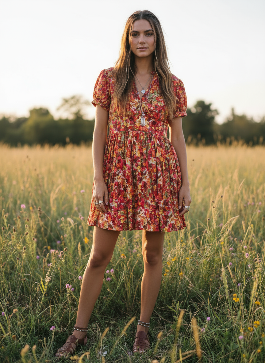 BOHEMIAN STYLE HANDCRAFTED COTTON SHORT DRESS #6123