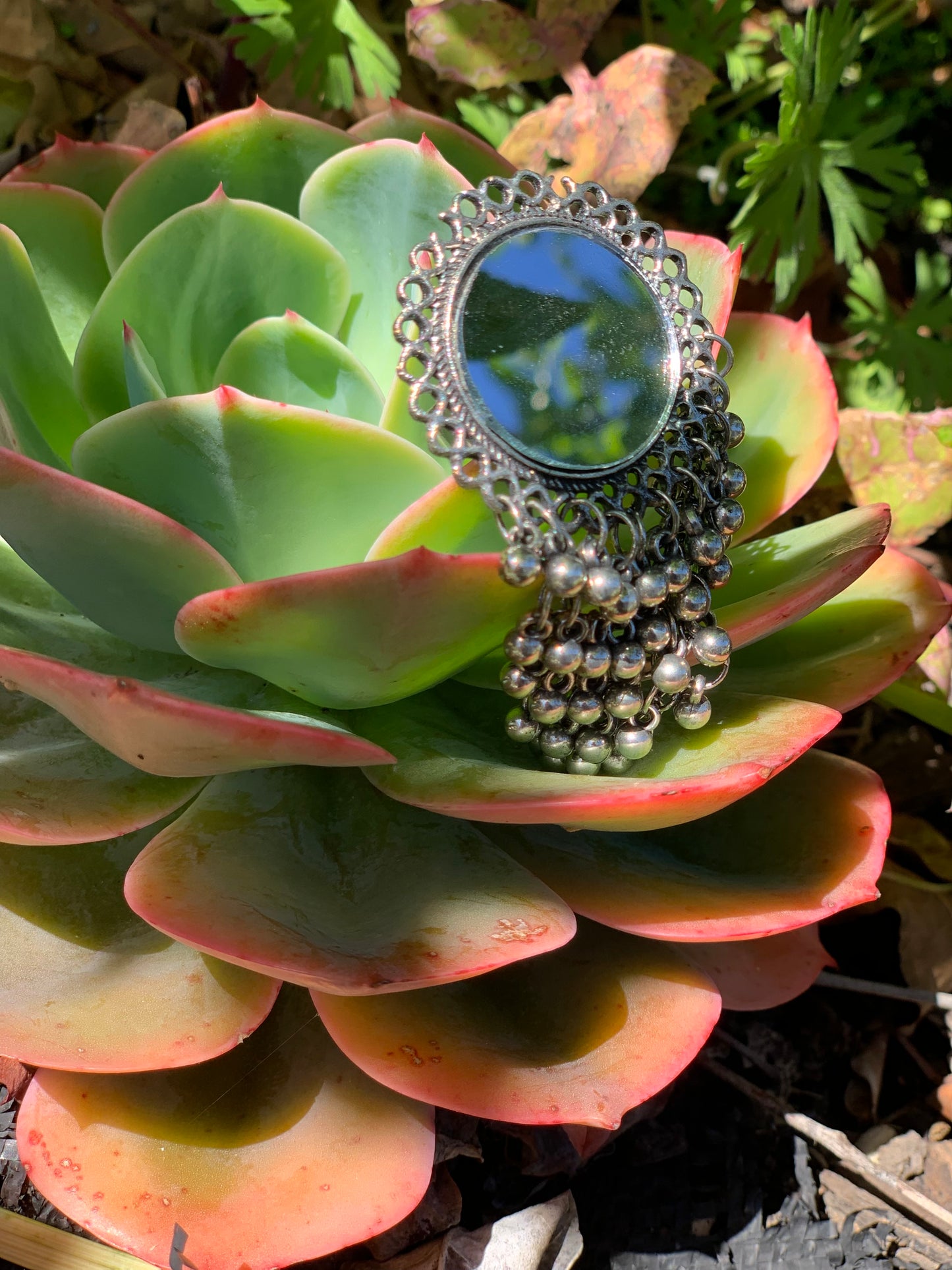 Bohemian style handcrafted Mirror Ring with fringe # 71