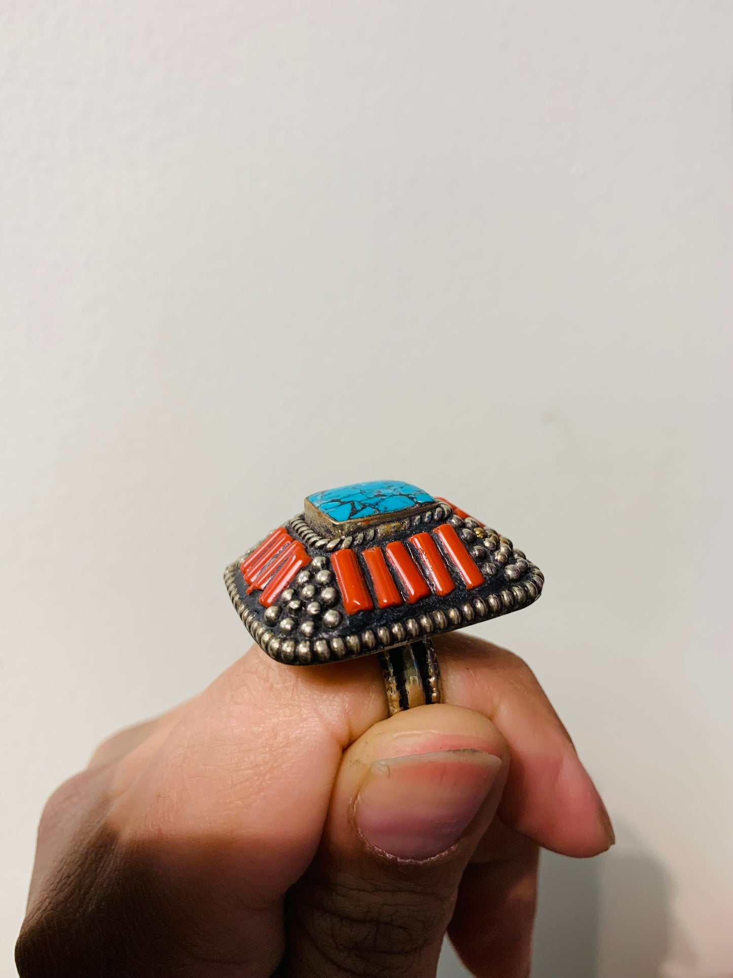 Bohemian style handcrafted Natural stones tibetan solid ring #0299