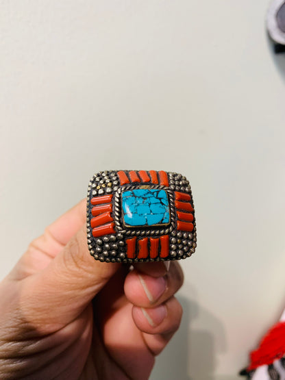 Bohemian style handcrafted Natural stones tibetan solid ring #0299