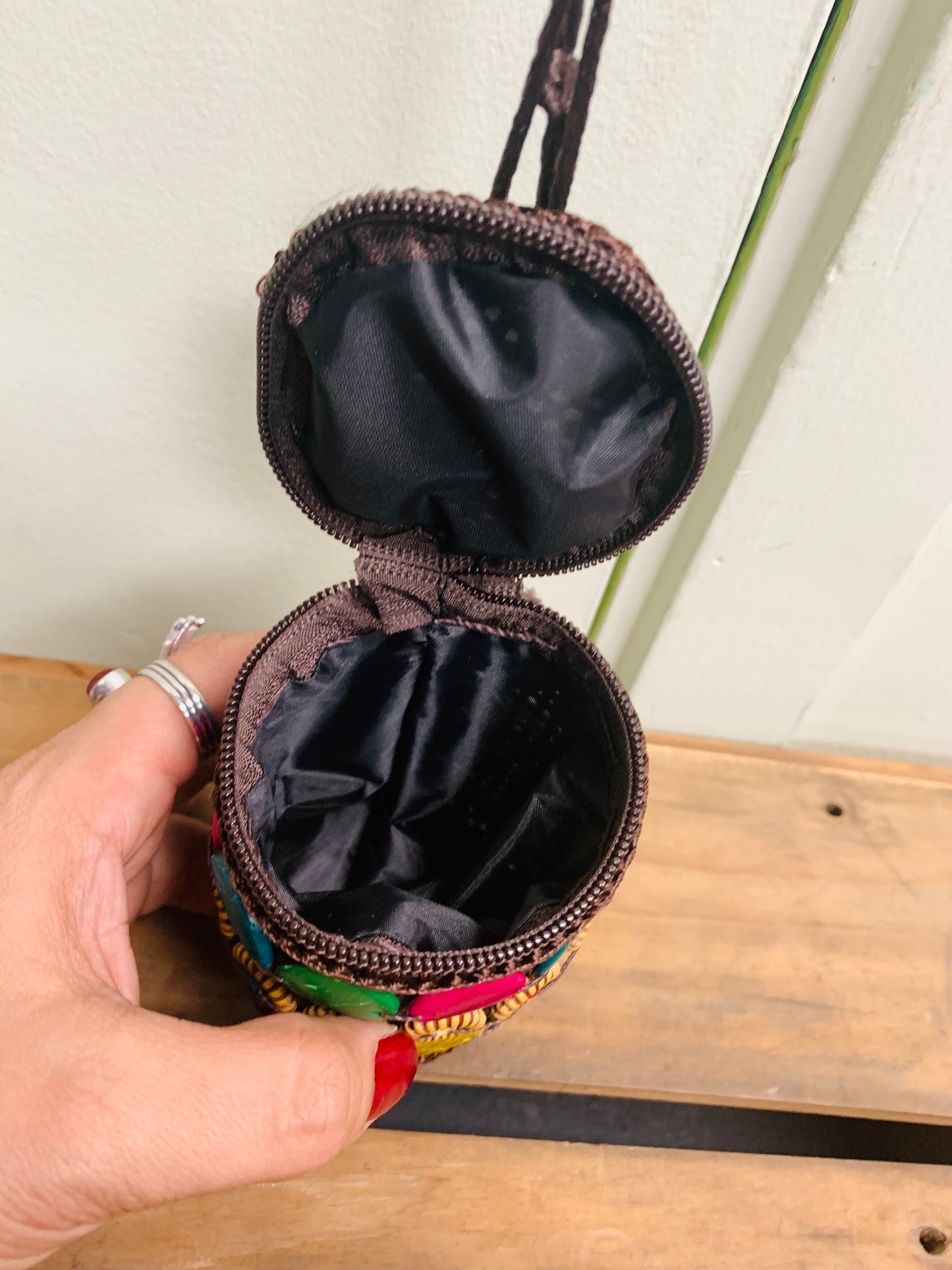 BOHEMIAN STYLE HANDCRAFTED WOODEN BEADS COIN POUCH # 5121