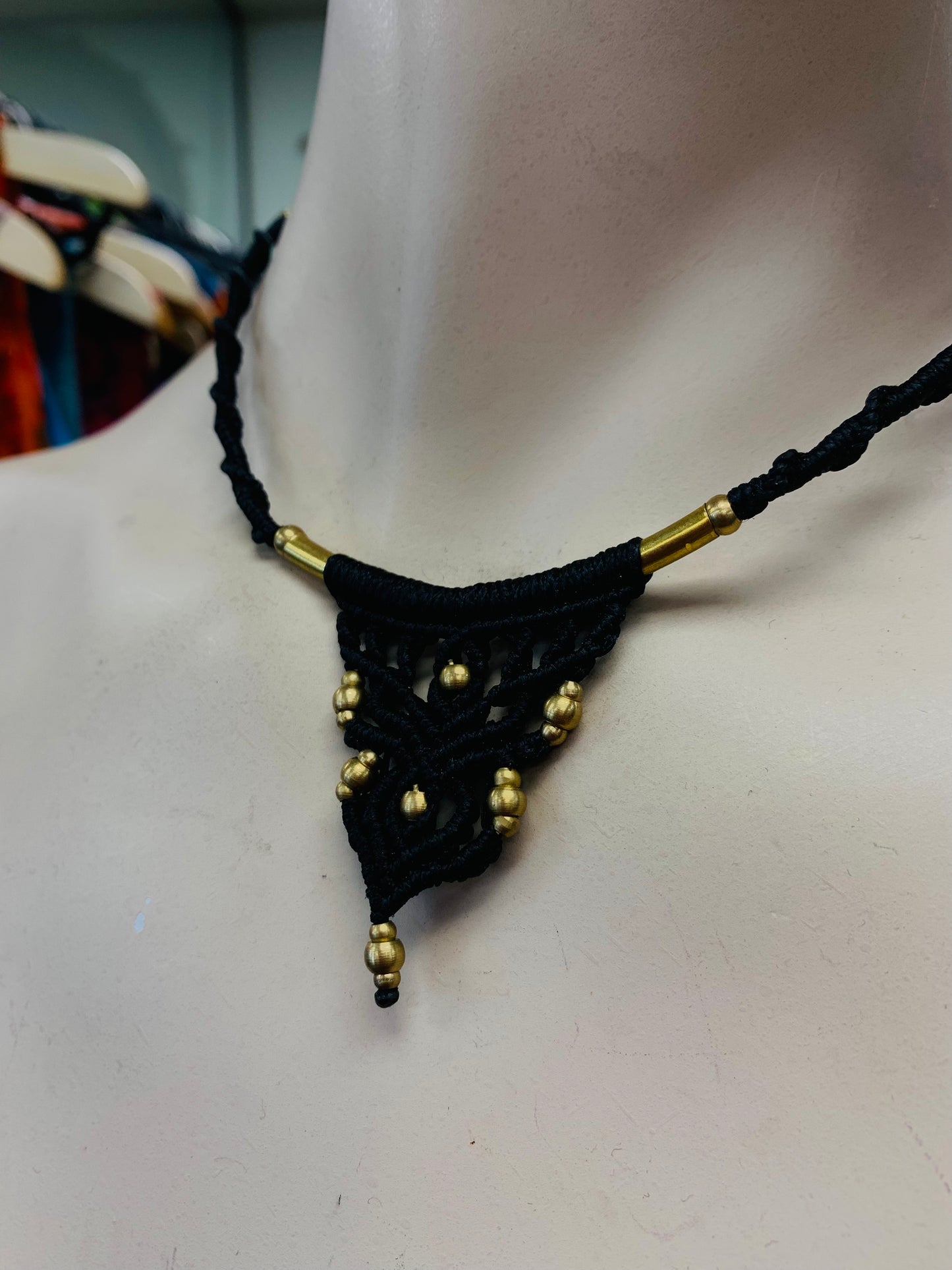 Bohemian style handcrafted Macrame with brass necklace # 120023