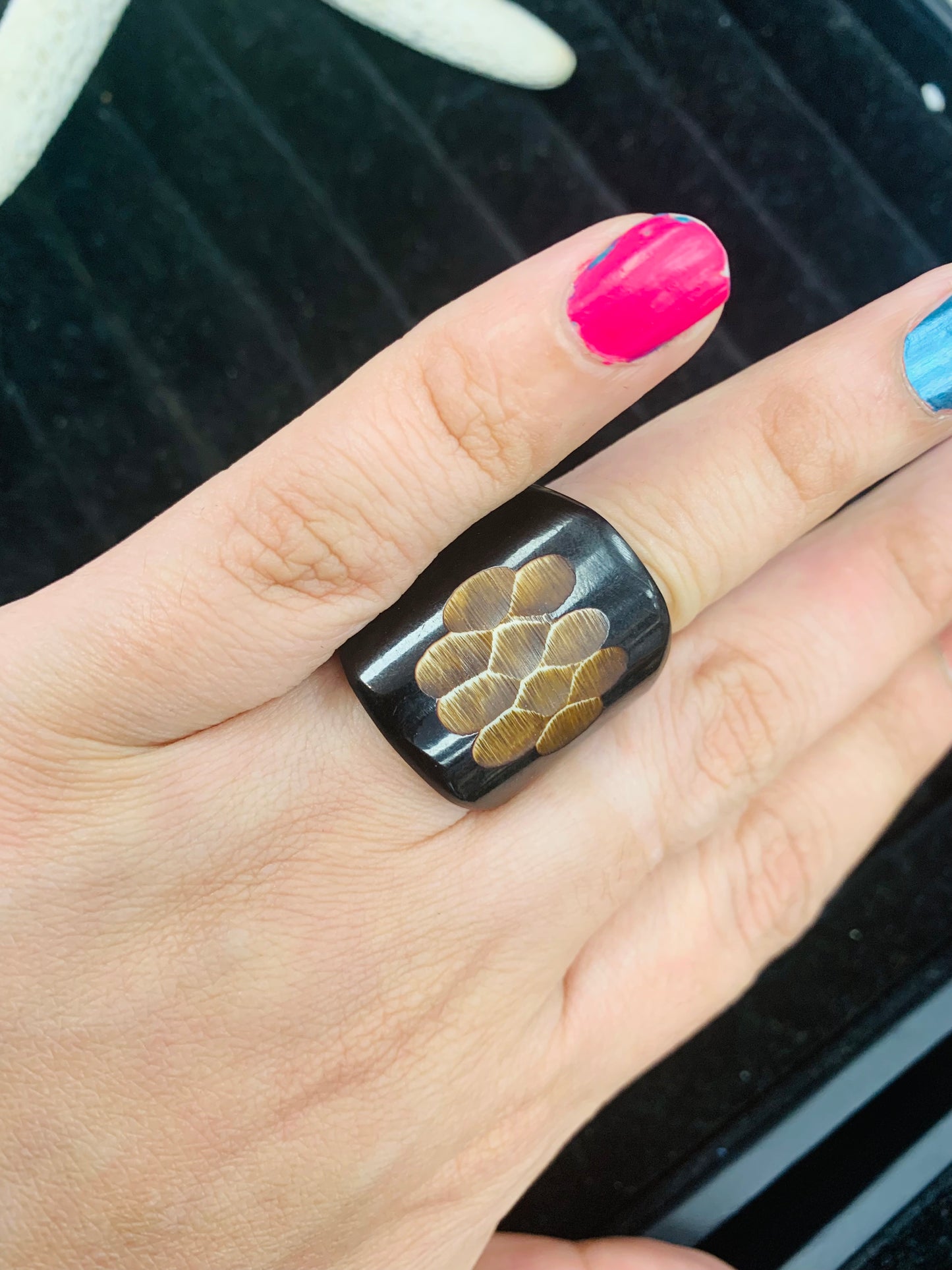 Bohemian style handcrafted wood Ring # 895