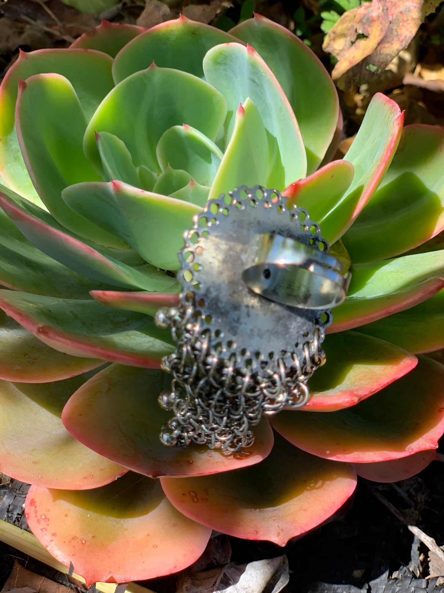 Bohemian style handcrafted Mirror Ring with fringe # 71