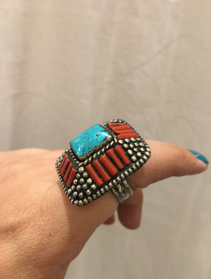 Bohemian style handcrafted Natural stones tibetan solid ring #0299