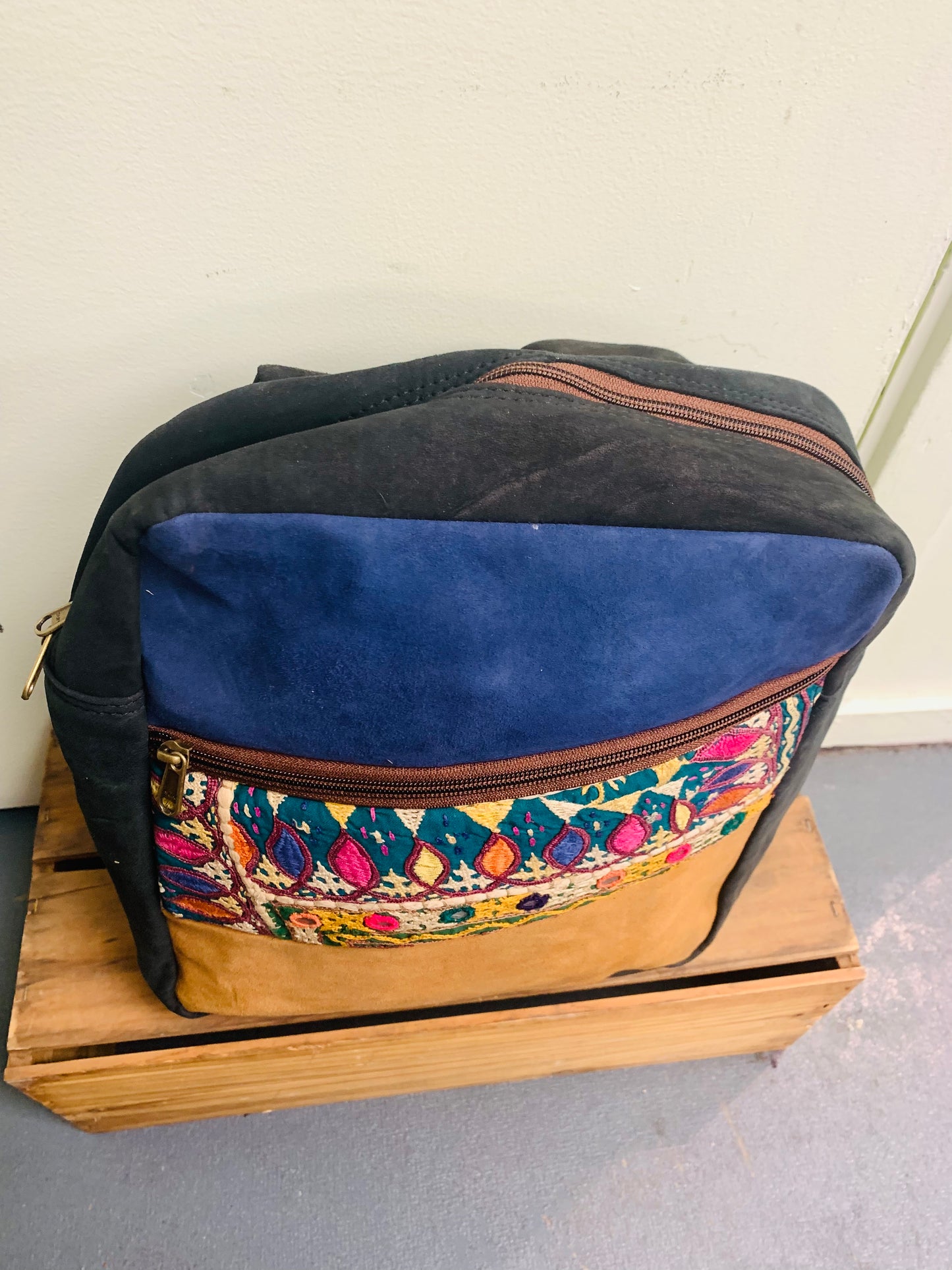 Bohemian style handcrafted Genuine Suede leather Backpack  #58880