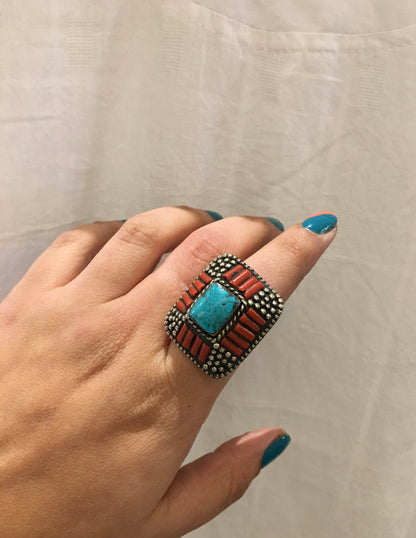 Bohemian style handcrafted Natural stones tibetan solid ring #0299