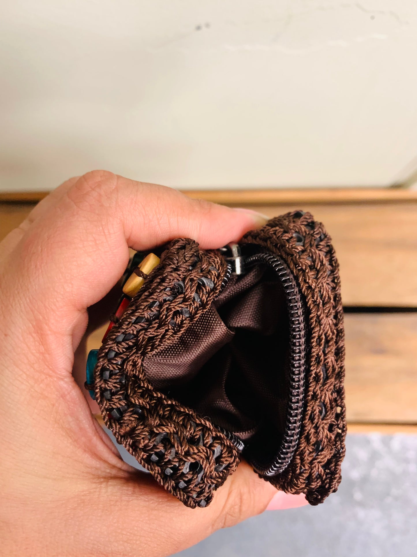 BOHEMIAN STYLE HANDCRAFTED WOOD FLOWER SMALL BAG/PURSE # 51212